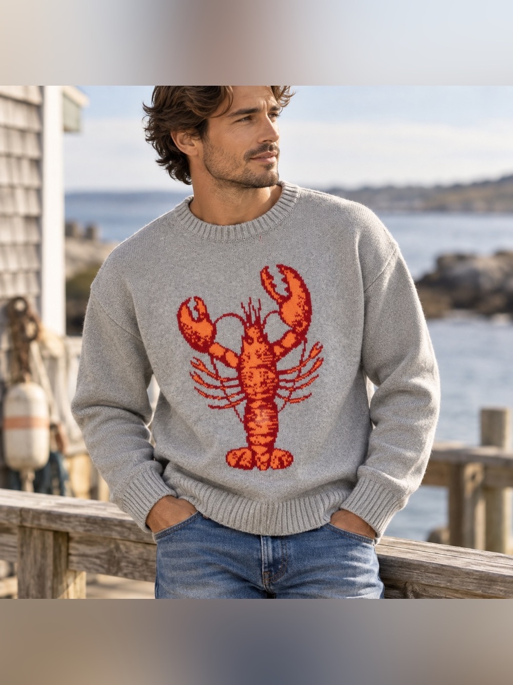 Dark Seas Montauk Lobster Jacquard Cotton Crewneck Sweater Gray Men’s L
